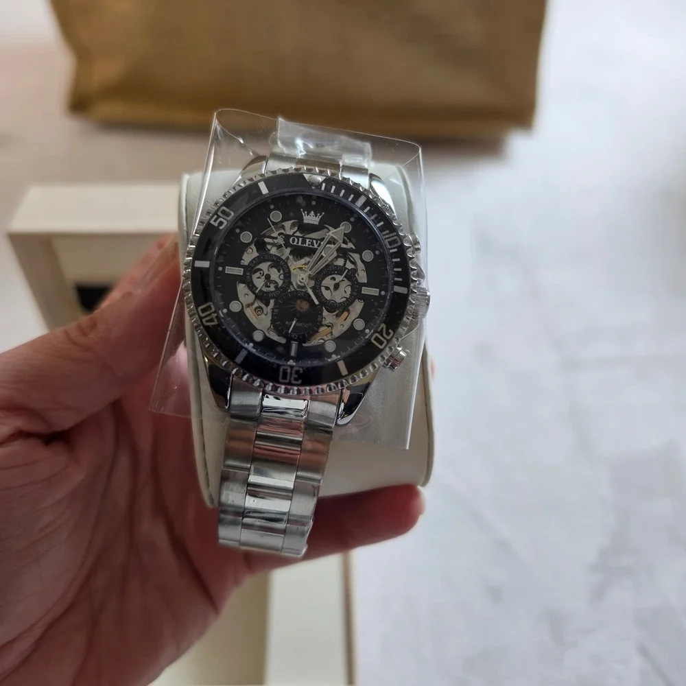 OLEVS 6715 Mens Automatic Skeleton Watch Silver Stainless Steel Moon Phase Black